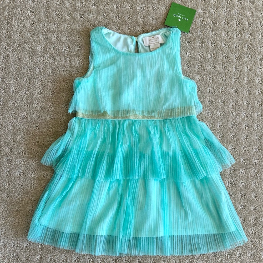 NWT Kate Spade Girls’ Mint Green Pleated Chiffon Ruffle Dress With Gold Trim, 3